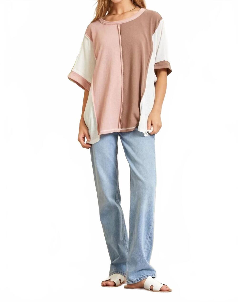 NEW ANDREE BY UNIT half sleeve colorblocked top in mauve-mocha